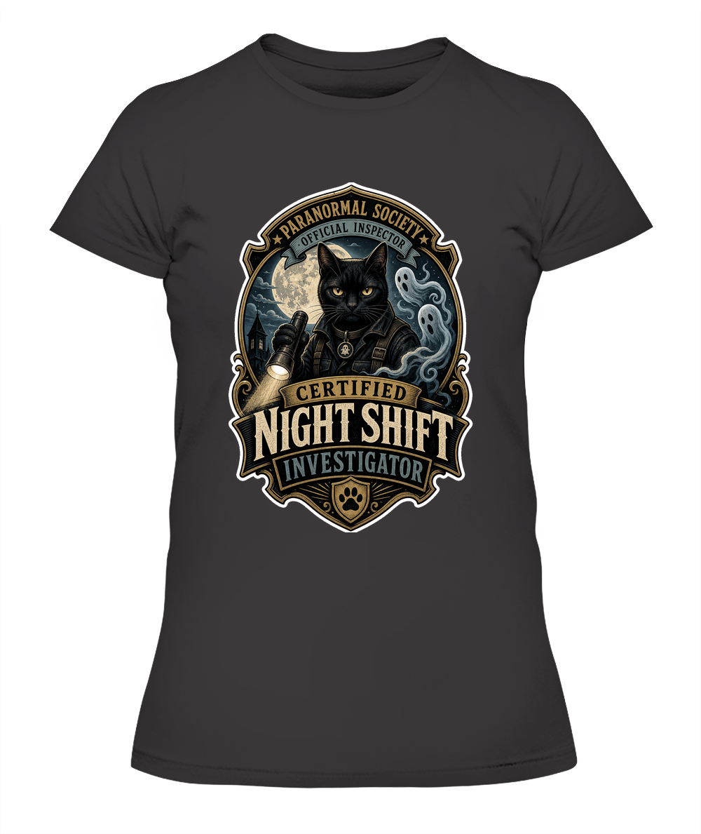 Certified Night Shift Investigator Ladies T-Shirt | Black Cat Lover Gift