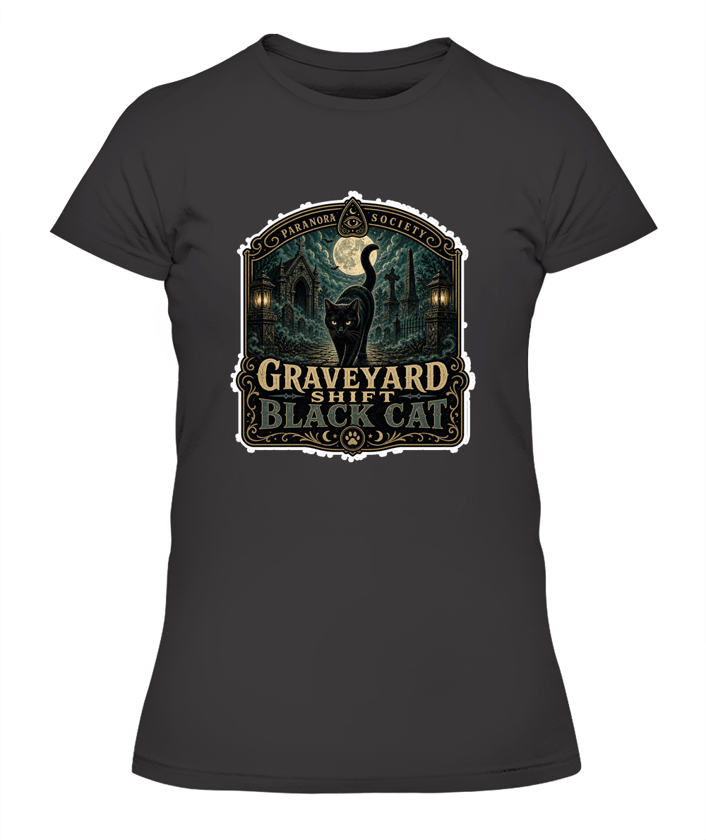 Graveyard Shift Black Cat Ladies T-Shirt | Black Cat Lover Gift