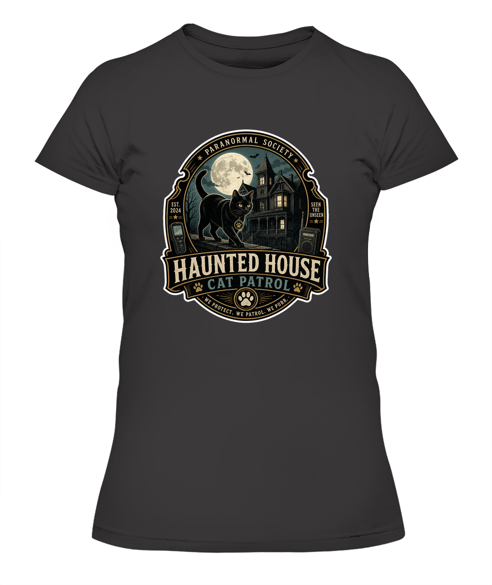 Haunted House Cat Patrol Ladies T-Shirt | Black Cat Lover Gift