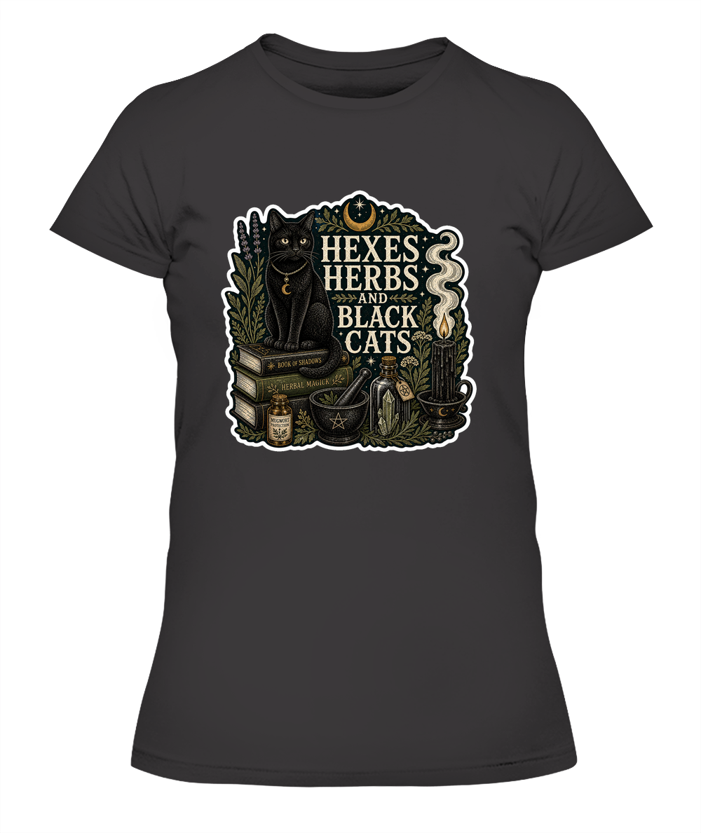 Hexes Herbs and Black Cats Ladies T-Shirt | Black Cat Lover Gift