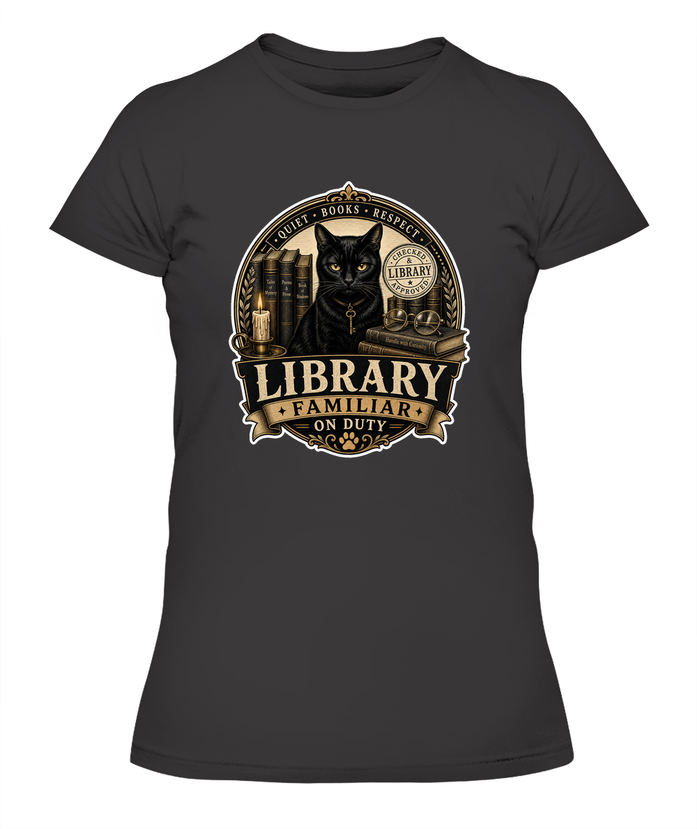 Library Familiar on Duty Ladies T-Shirt | Black Cat Lover Gift