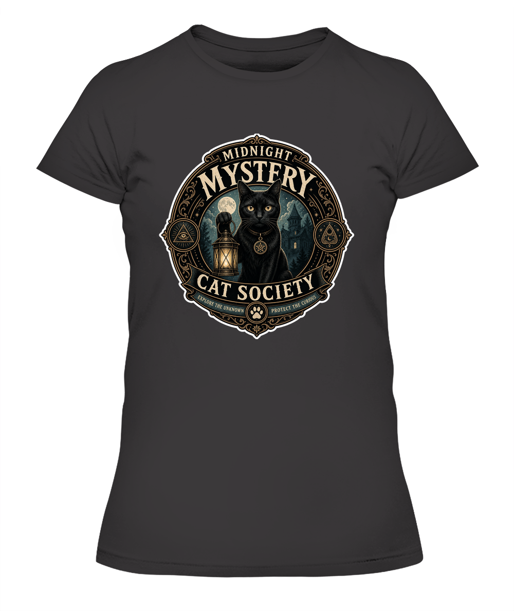 Midnight Mystery Cat Society Ladies T-Shirt | Black Cat Lover Gift