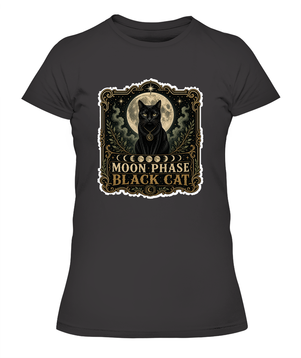 Moon Phase Black Cat Ladies T-Shirt | Black Cat Lover Gift