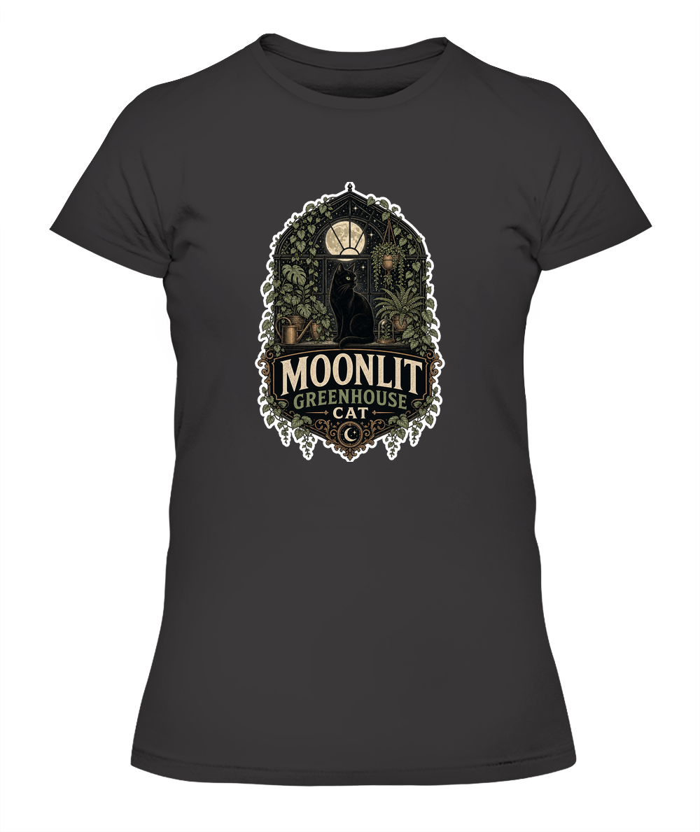 Moonlit Greenhouse Cat Ladies T-Shirt | Black Cat Lover Gift