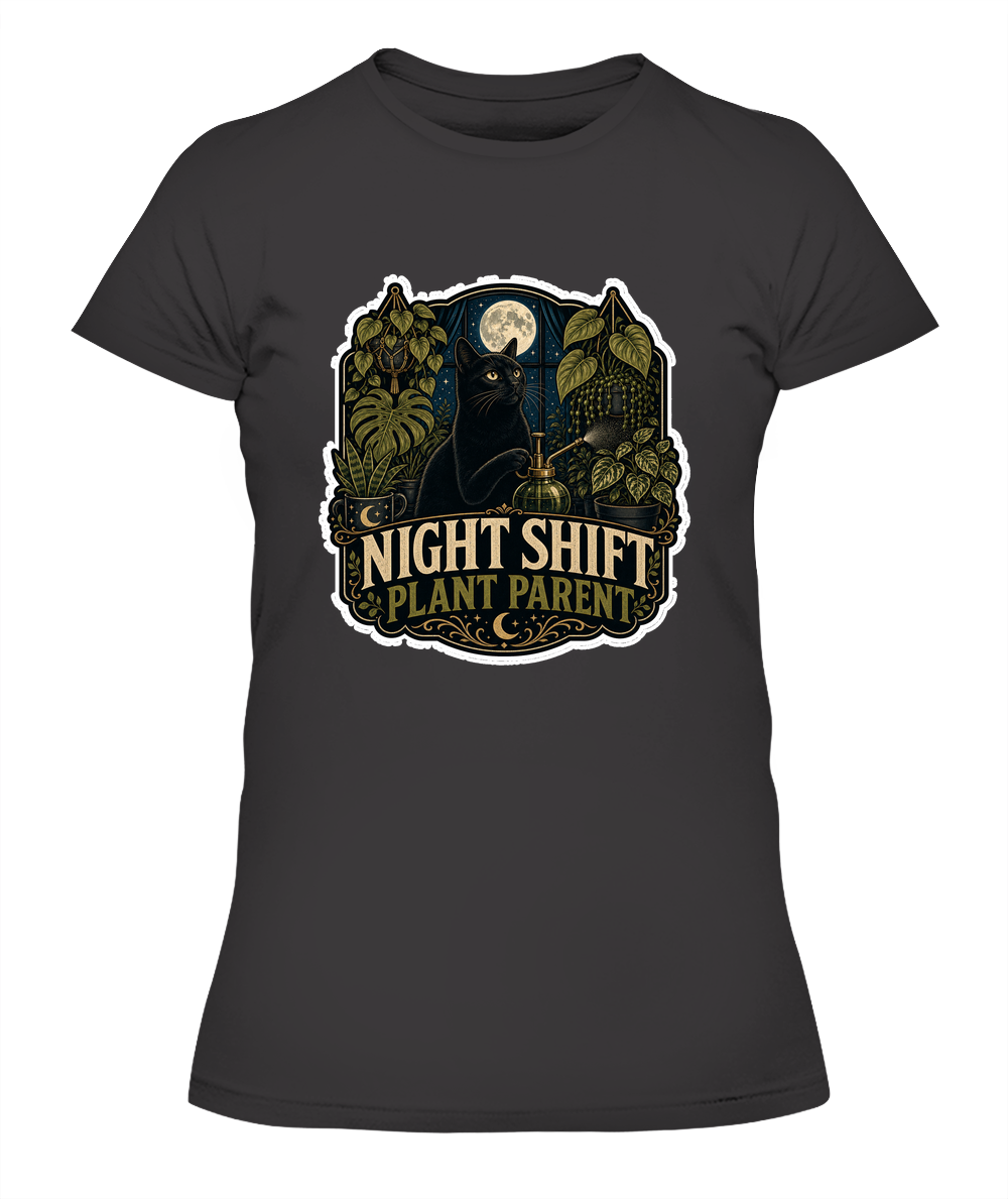 Night Shift Plant Parent Ladies T-Shirt | Black Cat Lover Gift