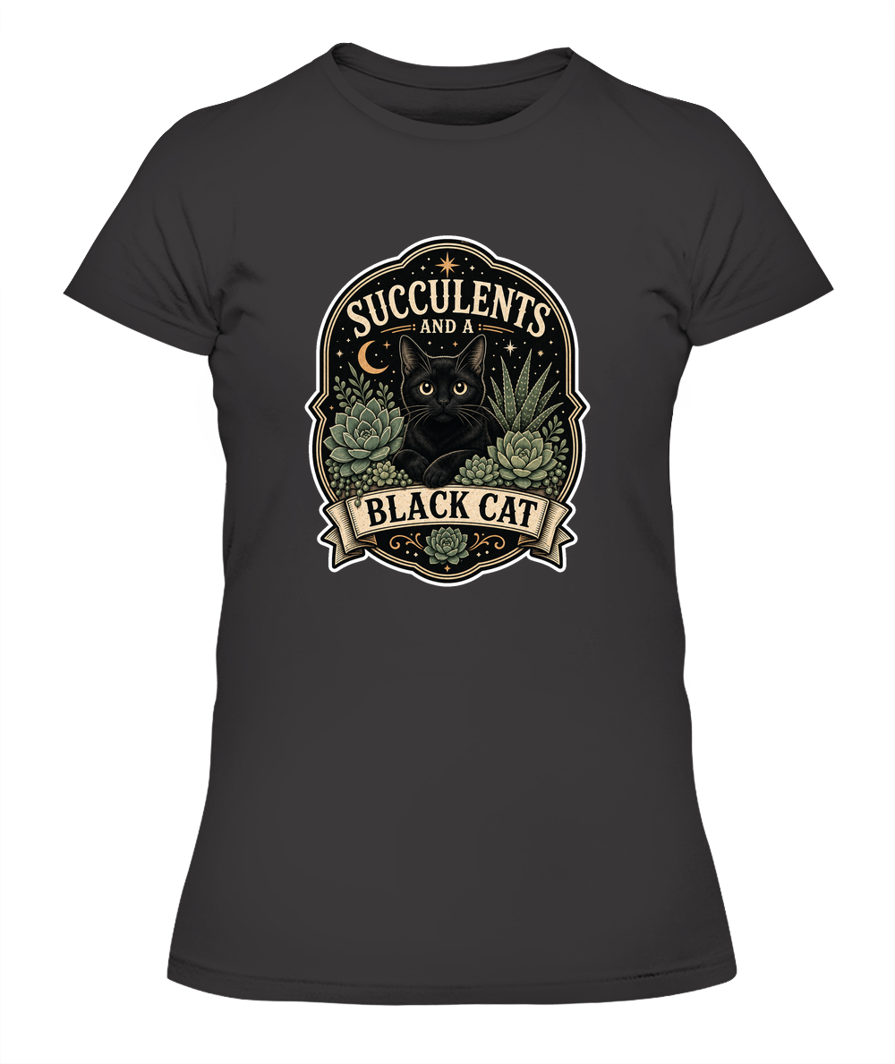 Succulents and a Black Cat Ladies T-Shirt | Black Cat Lover Gift