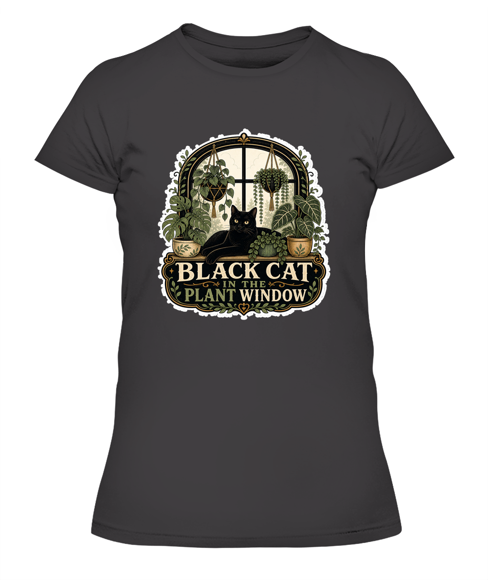 Black Cat in the Plant Window Ladies T-Shirt | Black Cat Lover Gift