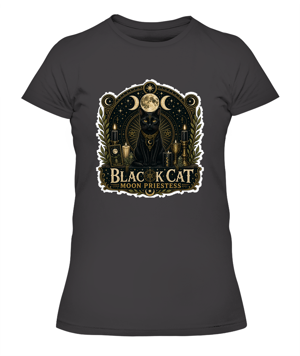 Black Cat Moon Priestess Ladies T-Shirt | Black Cat Lover Gift