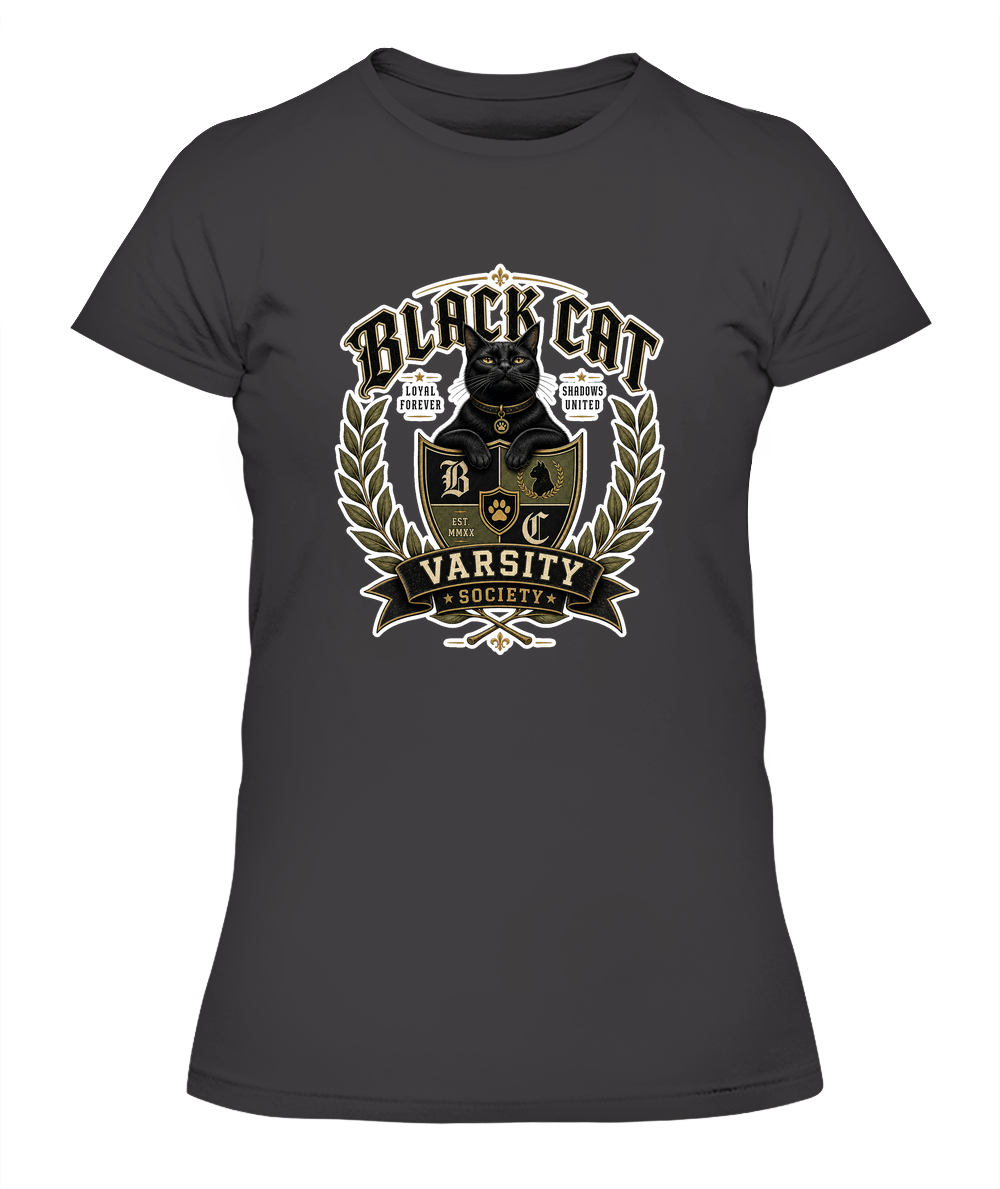 Black Cat Varsity Society Ladies T-Shirt | Black Cat Lover Gift