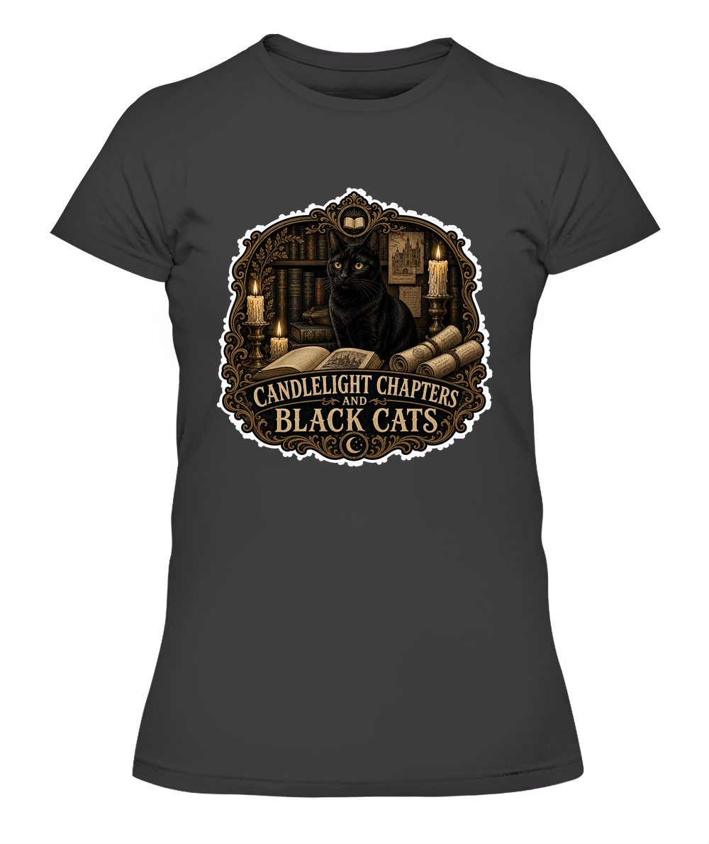 Candlelight Chapters and Black Cats Ladies T-Shirt | Black Cat Lover Gift