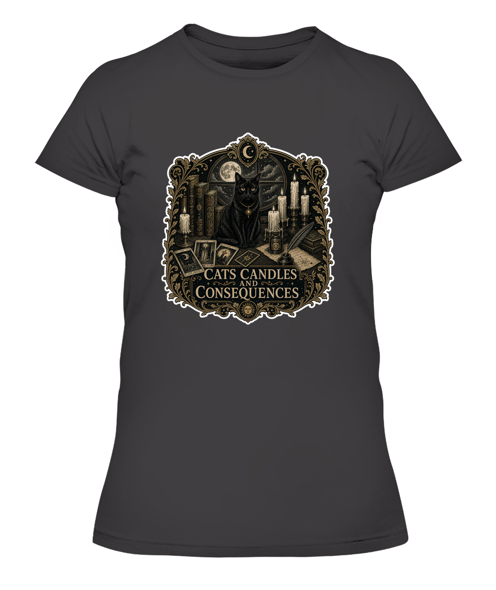 Cats Candles and Consequences Ladies T-Shirt | Black Cat Lover Gift