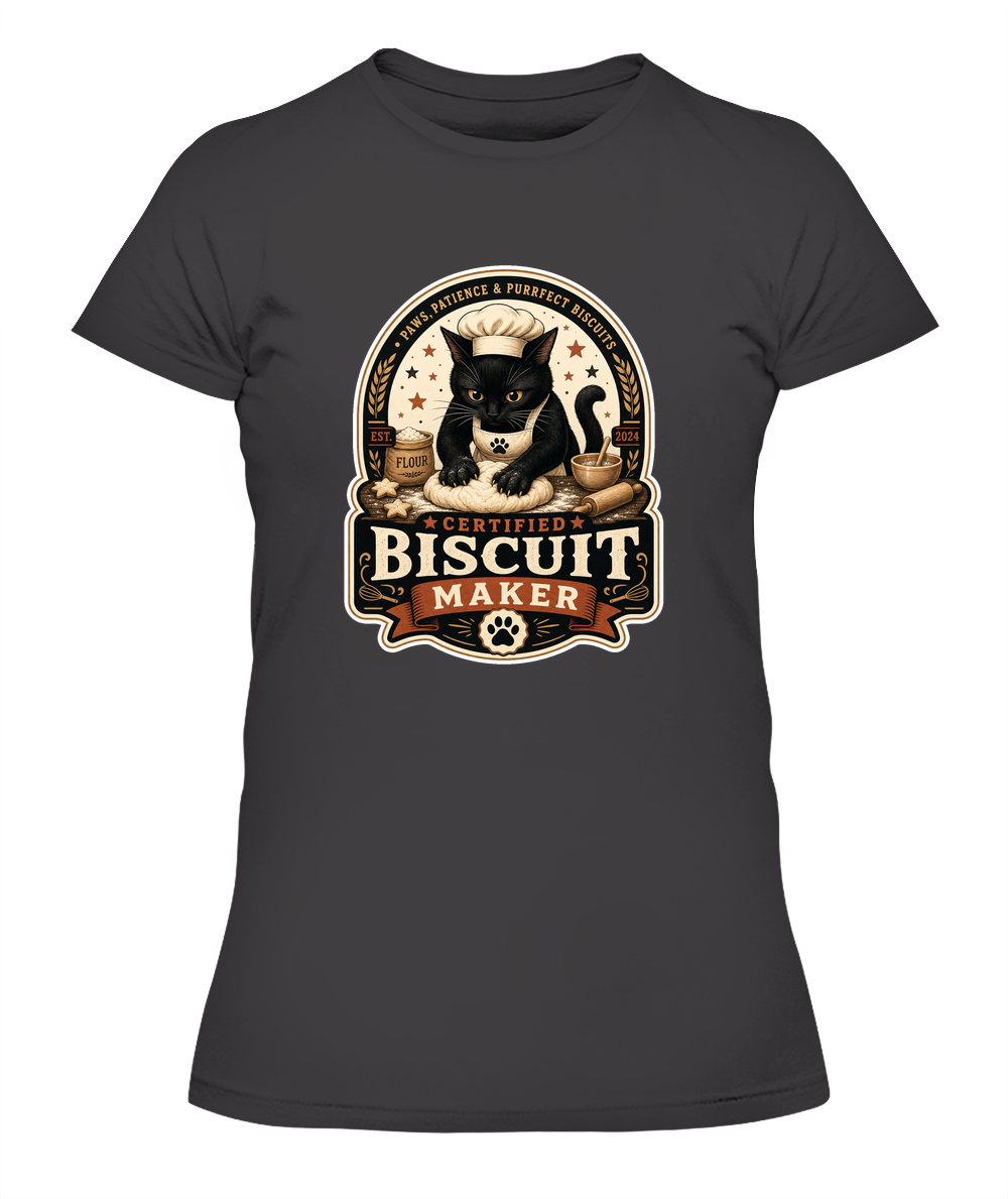 Certified Biscuit Maker Ladies T-Shirt | Black Cat Lover Gift