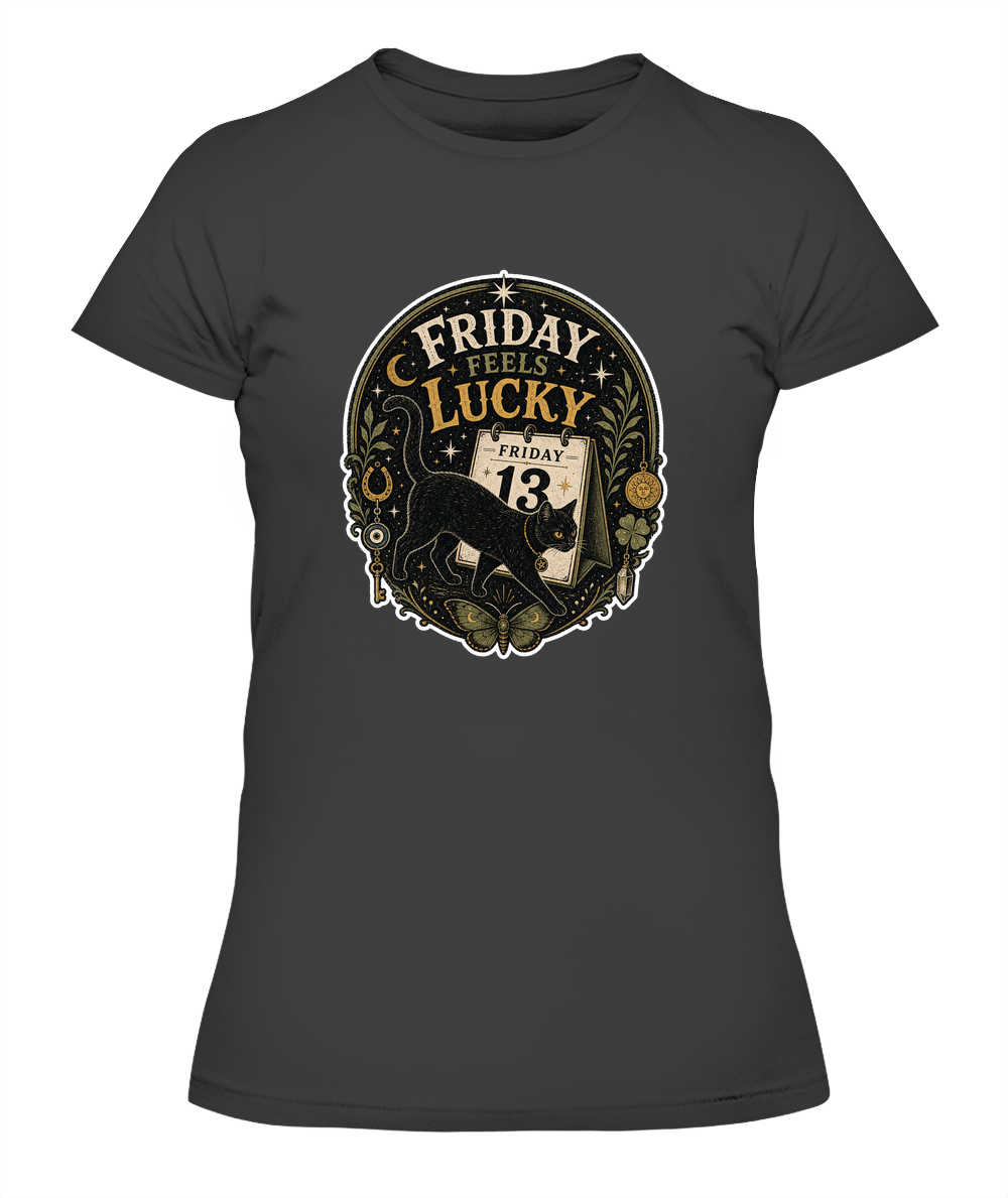 Friday Feels Lucky Ladies T-Shirt | Black Cat Lover Gift