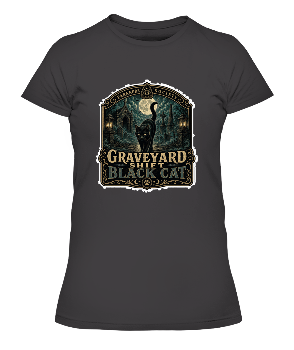 Graveyard Shift Black Cat Ladies T-Shirt | Black Cat Lover Gift