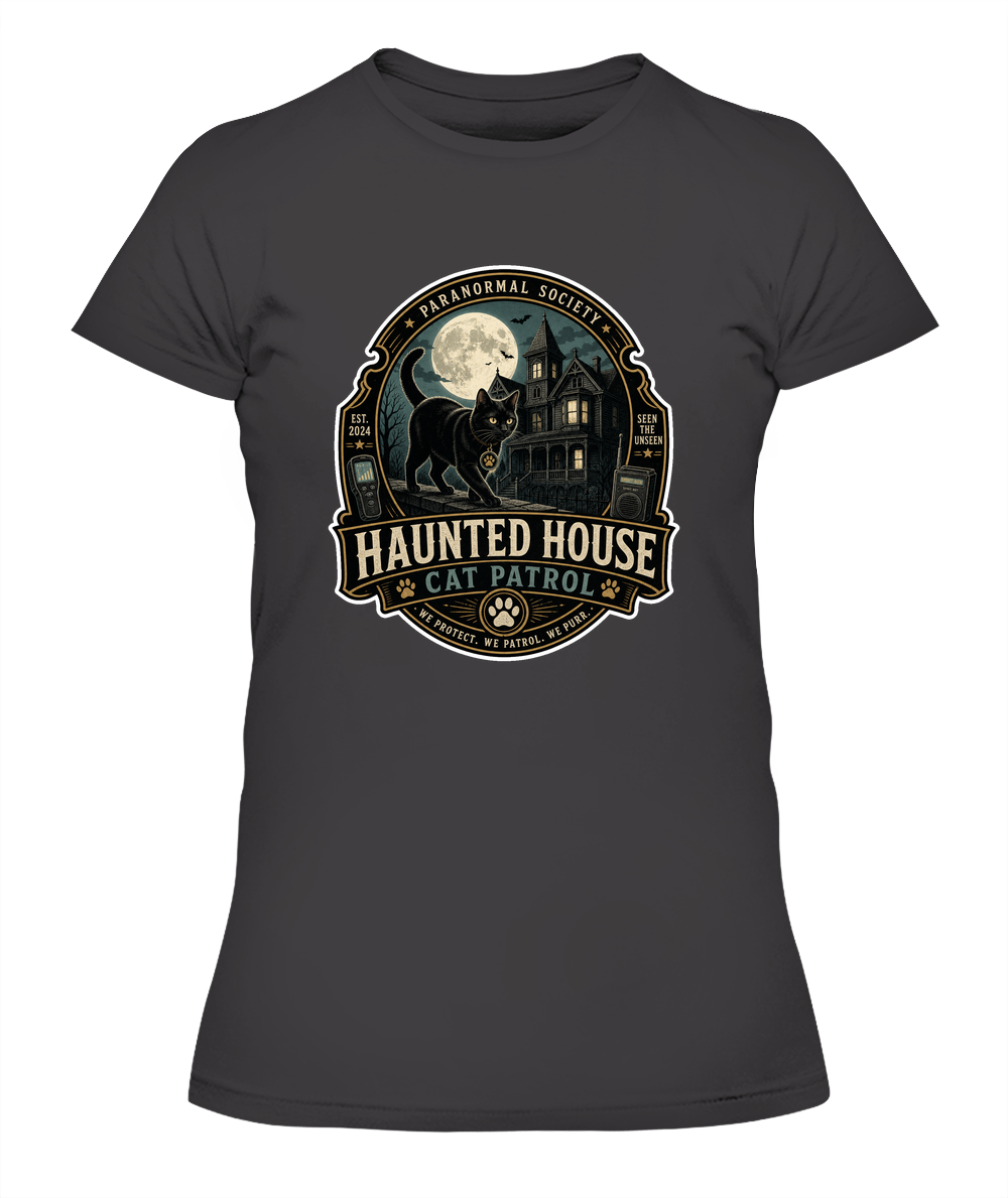 Haunted House Cat Patrol Ladies T-Shirt | Black Cat Lover Gift