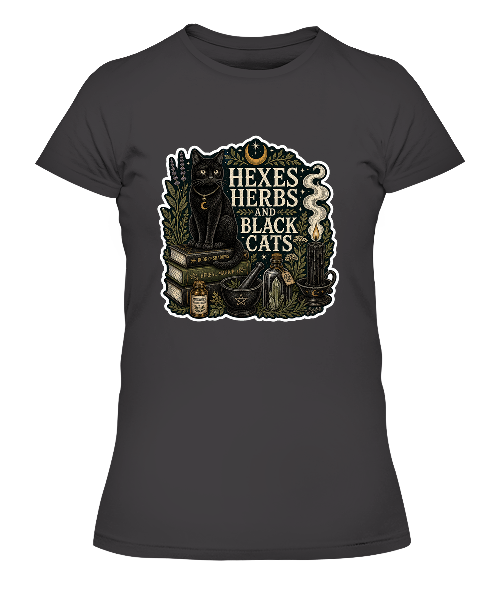 Hexes Herbs and Black Cats Ladies T-Shirt | Black Cat Lover Gift
