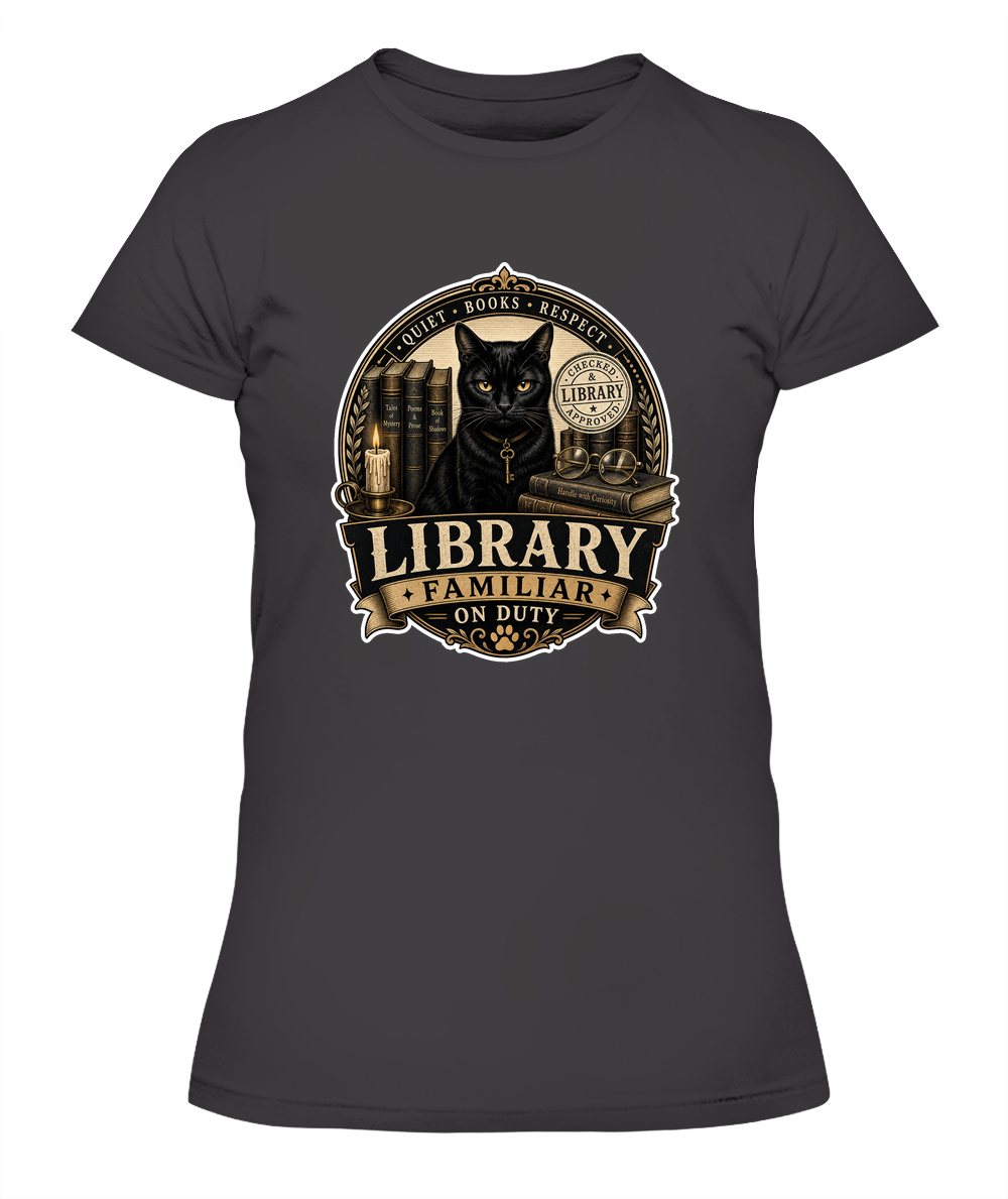 Library Familiar on Duty Ladies T-Shirt | Black Cat Lover Gift
