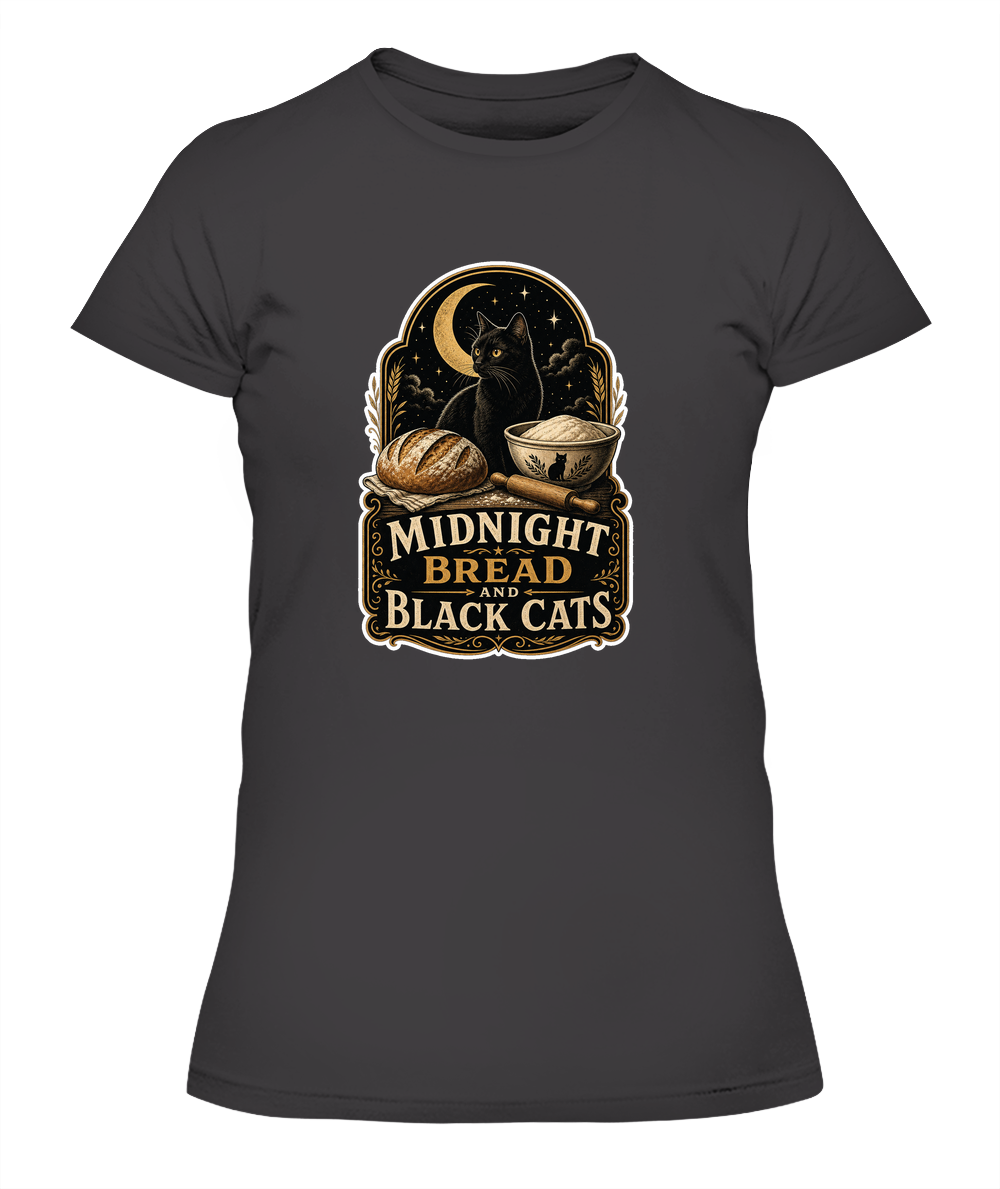 Midnight Bread and Black Cats Ladies T-Shirt | Black Cat Lover Gift