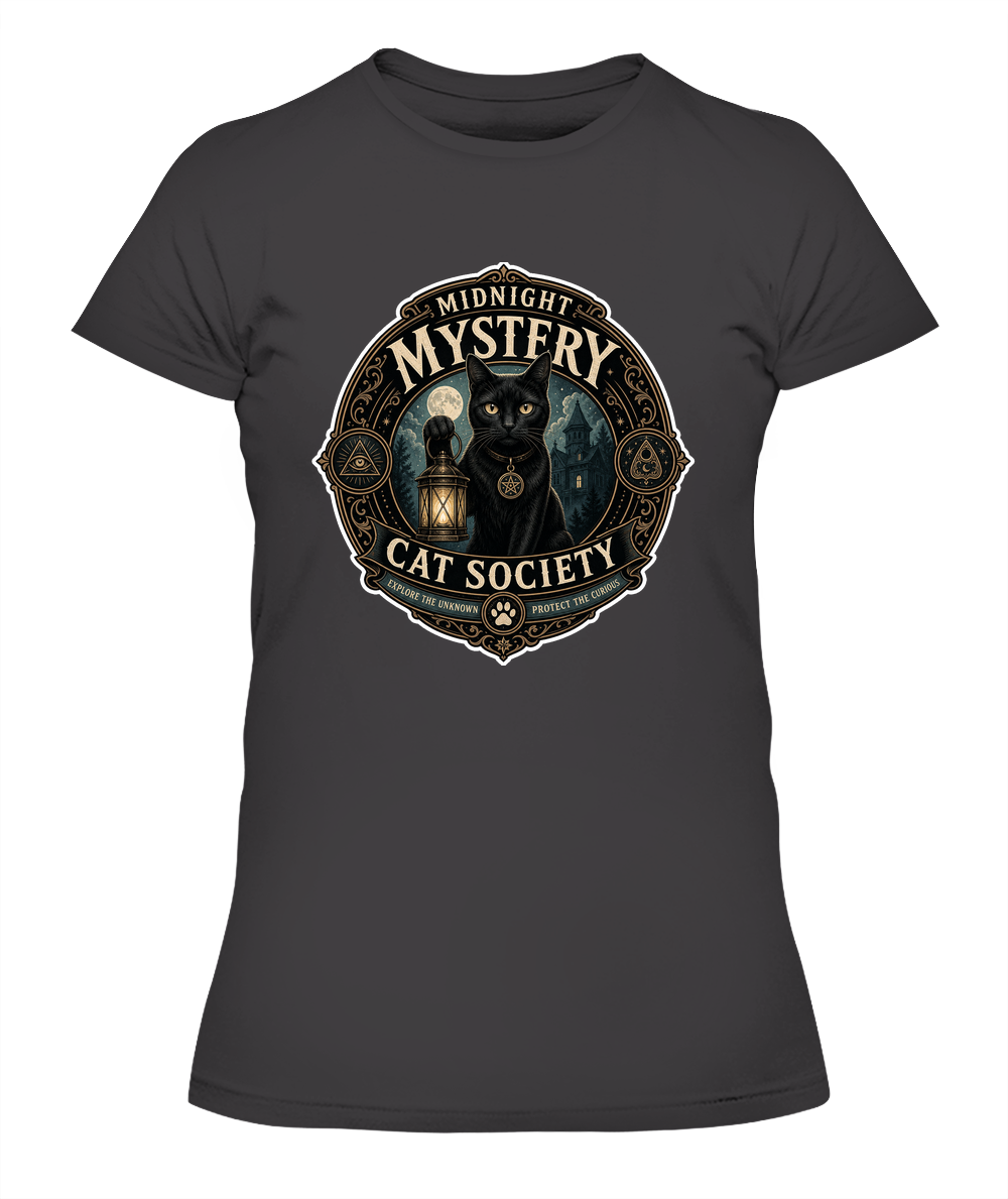 Midnight Mystery Cat Society Ladies T-Shirt | Black Cat Lover Gift