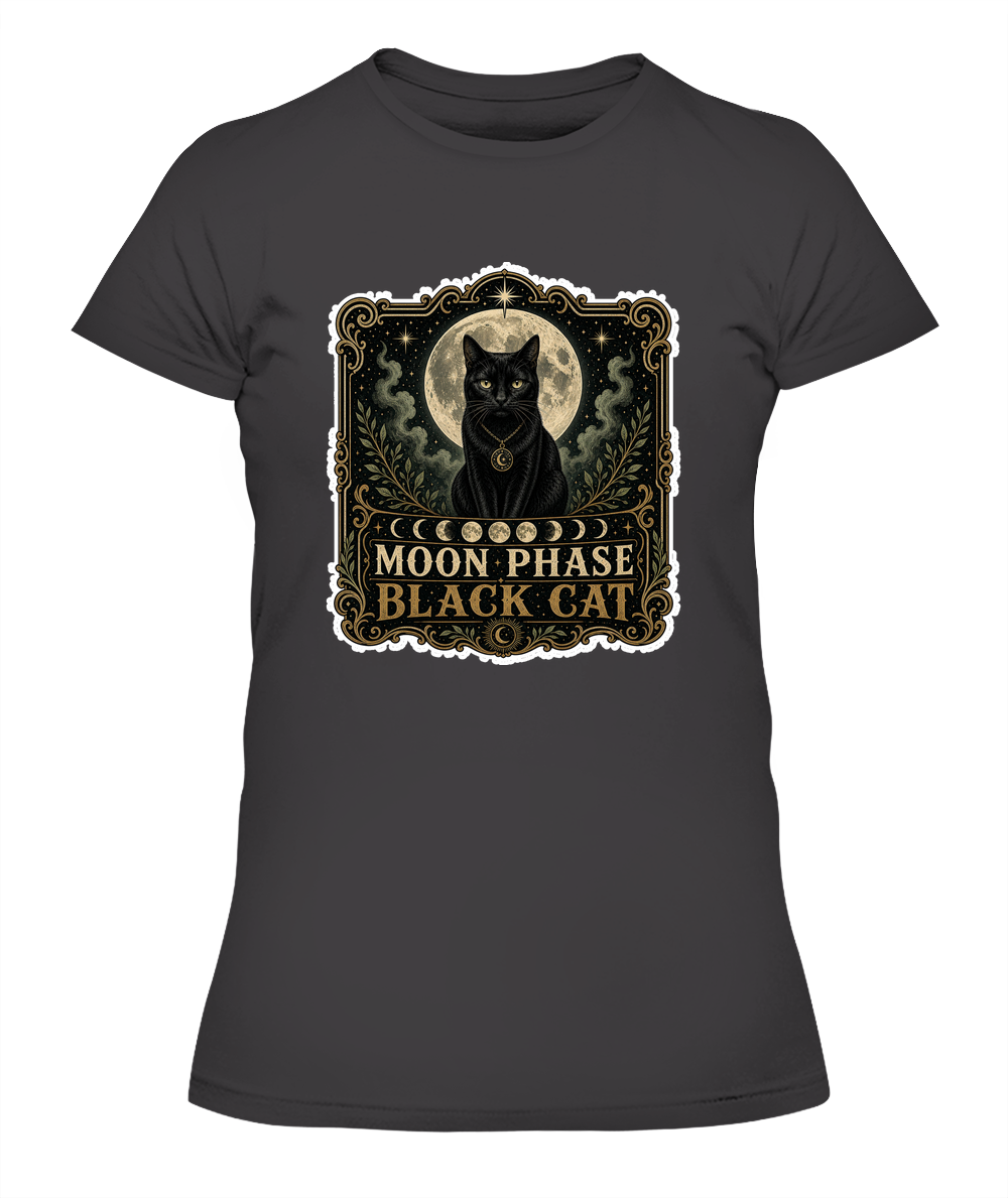 Moon Phase Black Cat Ladies T-Shirt | Black Cat Lover Gift