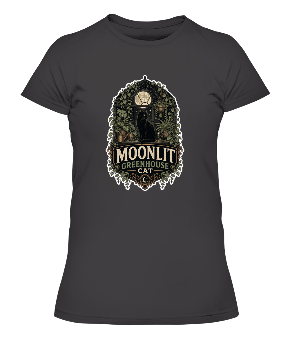 Moonlit Greenhouse Cat Ladies T-Shirt | Black Cat Lover Gift