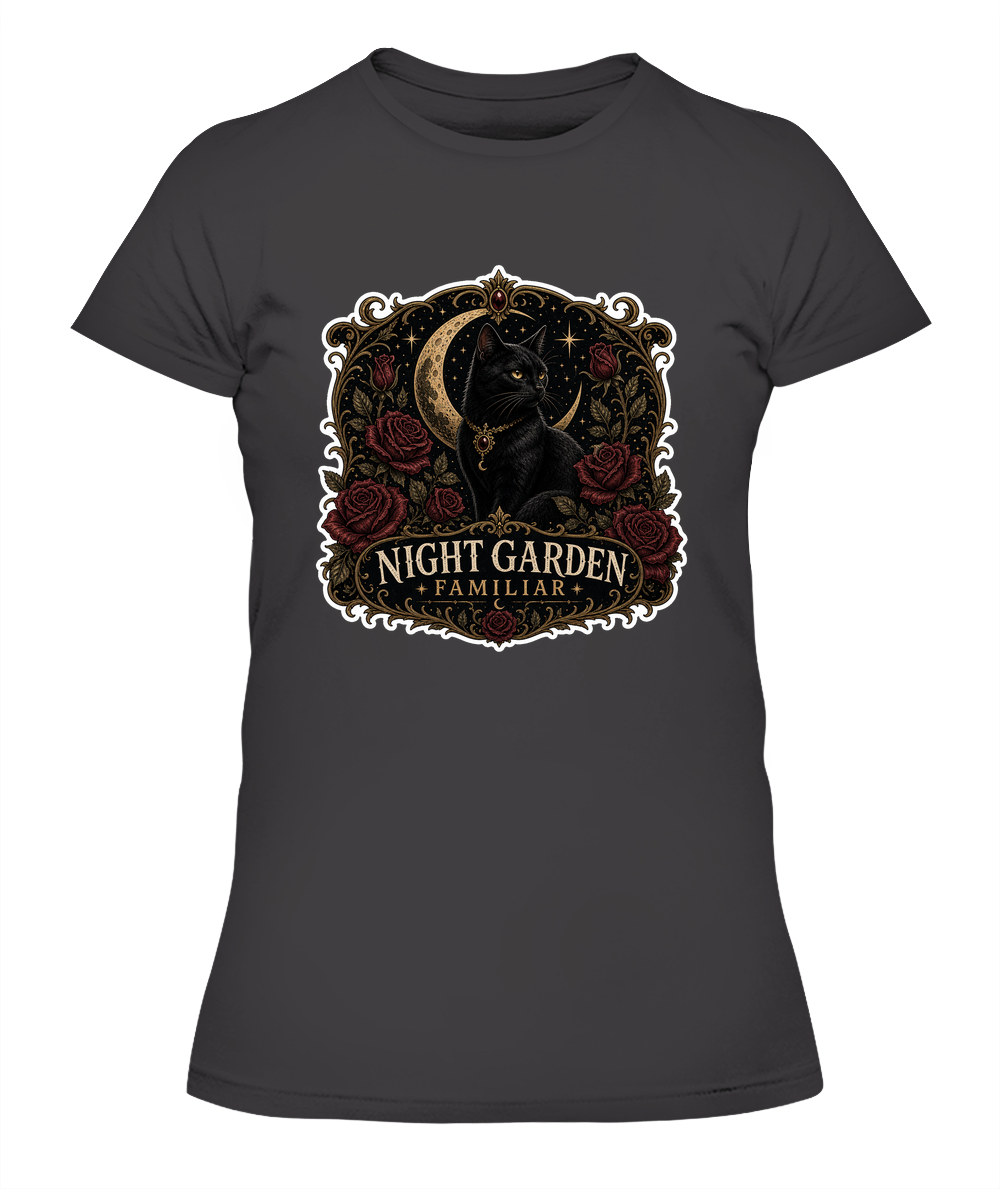 Night Garden Familiar Ladies T-Shirt | Black Cat Lover Gift