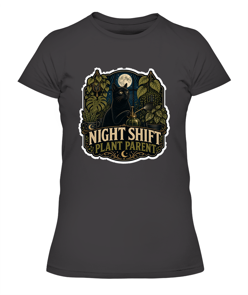 Night Shift Plant Parent Ladies T-Shirt | Black Cat Lover Gift