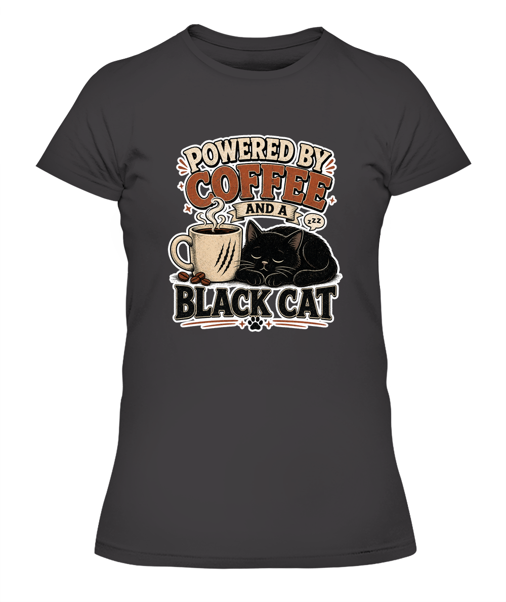 Powered by Coffee and a Black Cat Ladies T-Shirt | Black Cat Lover Gift
