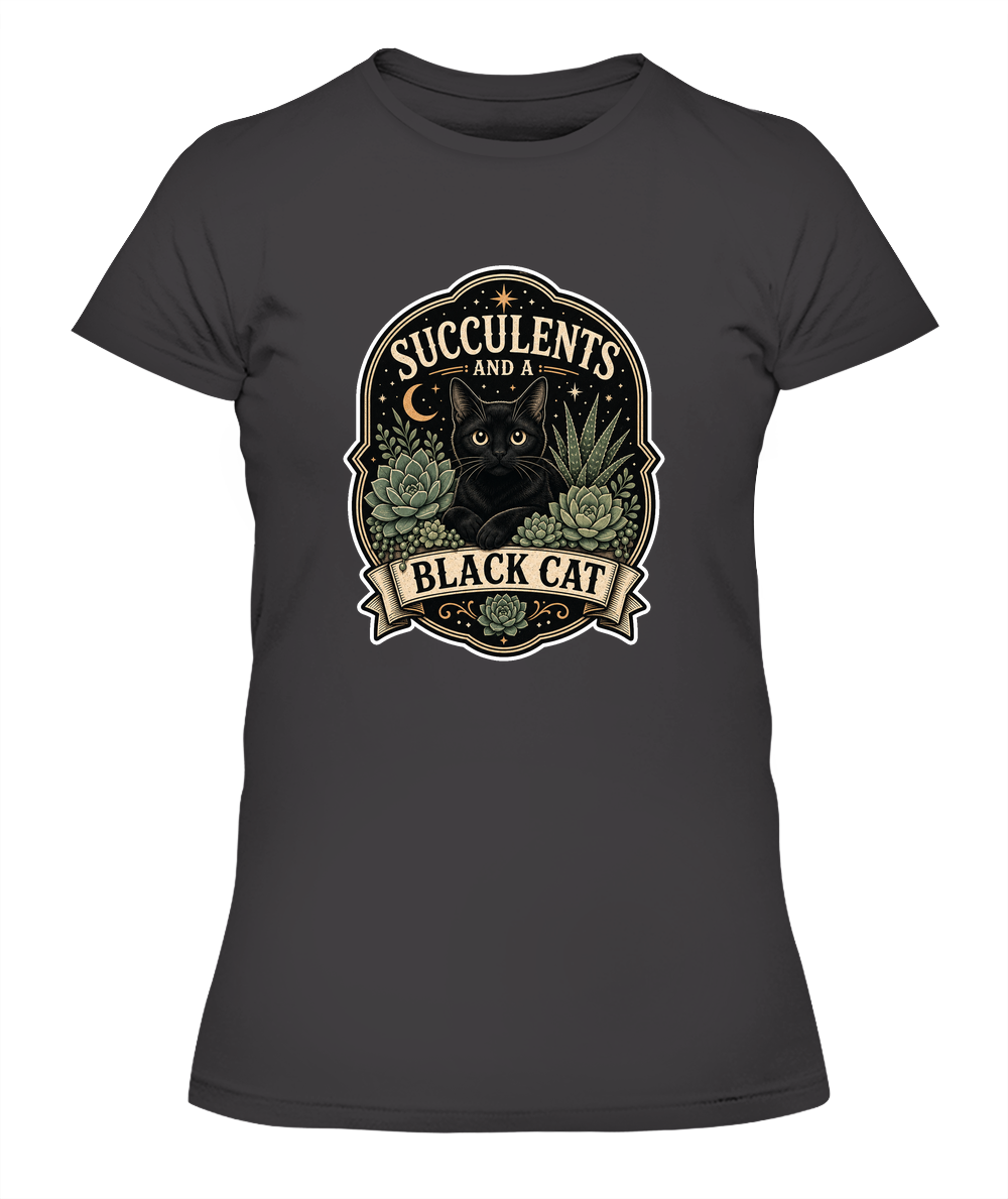 Succulents and a Black Cat Ladies T-Shirt | Black Cat Lover Gift
