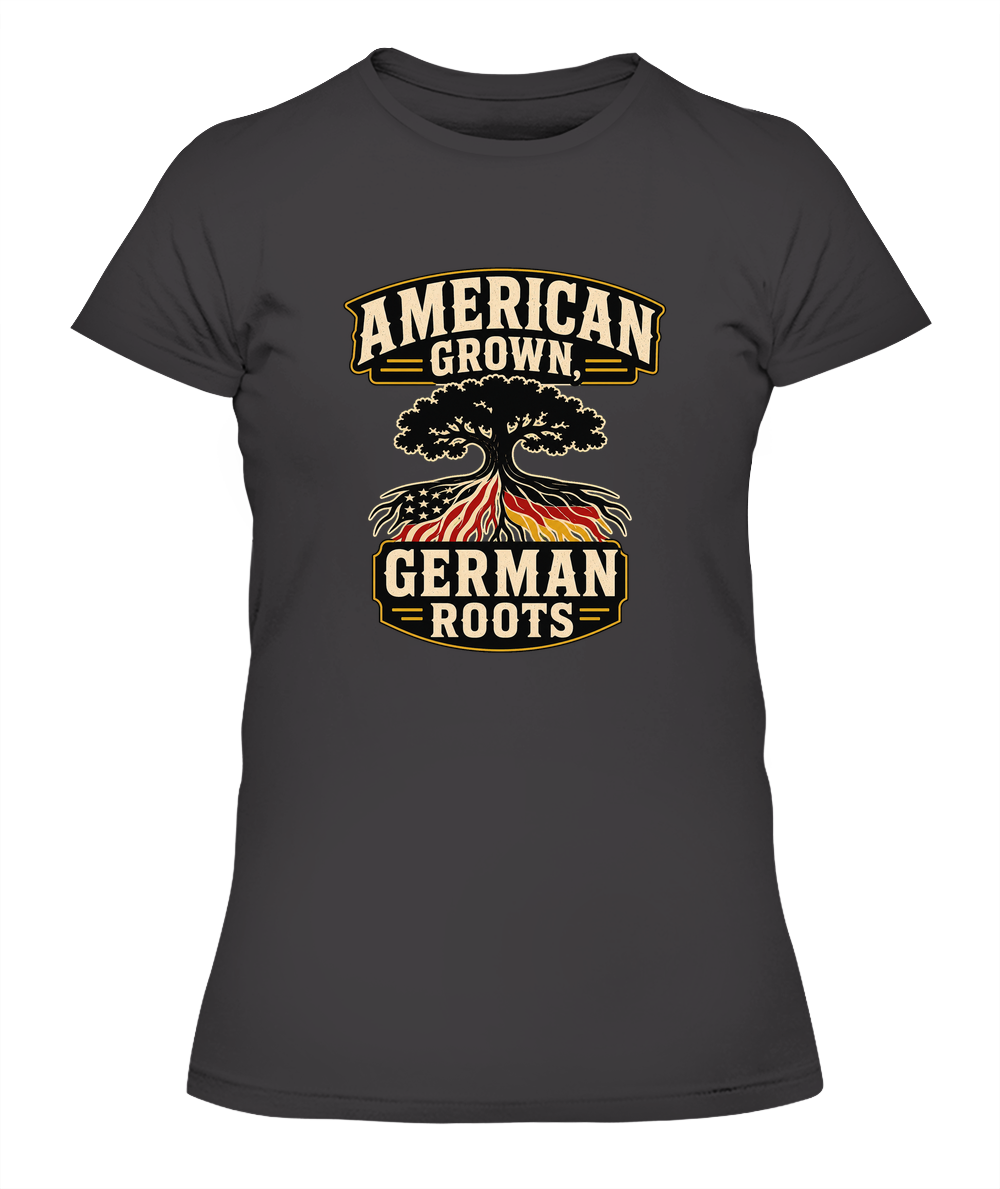 American Grown, German Roots — Lady's T-Shirt in Heavy Metal