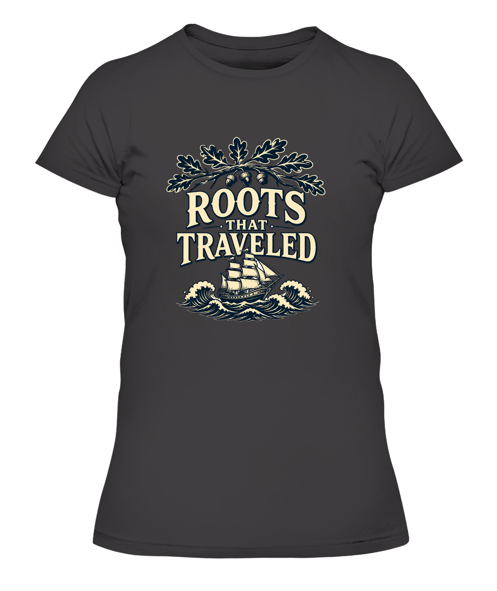 Roots That Traveled — Lady's T-Shirt in Heavy Metal