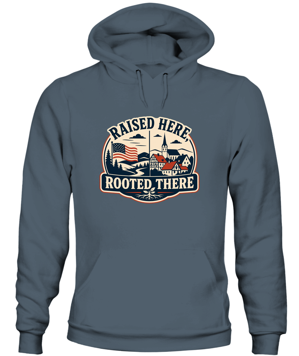 Raised Here, Rooted There — Hoodie in Dark Heather