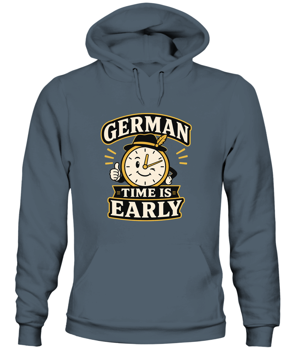 German Time Is Early — Hoodie in Dark Heather