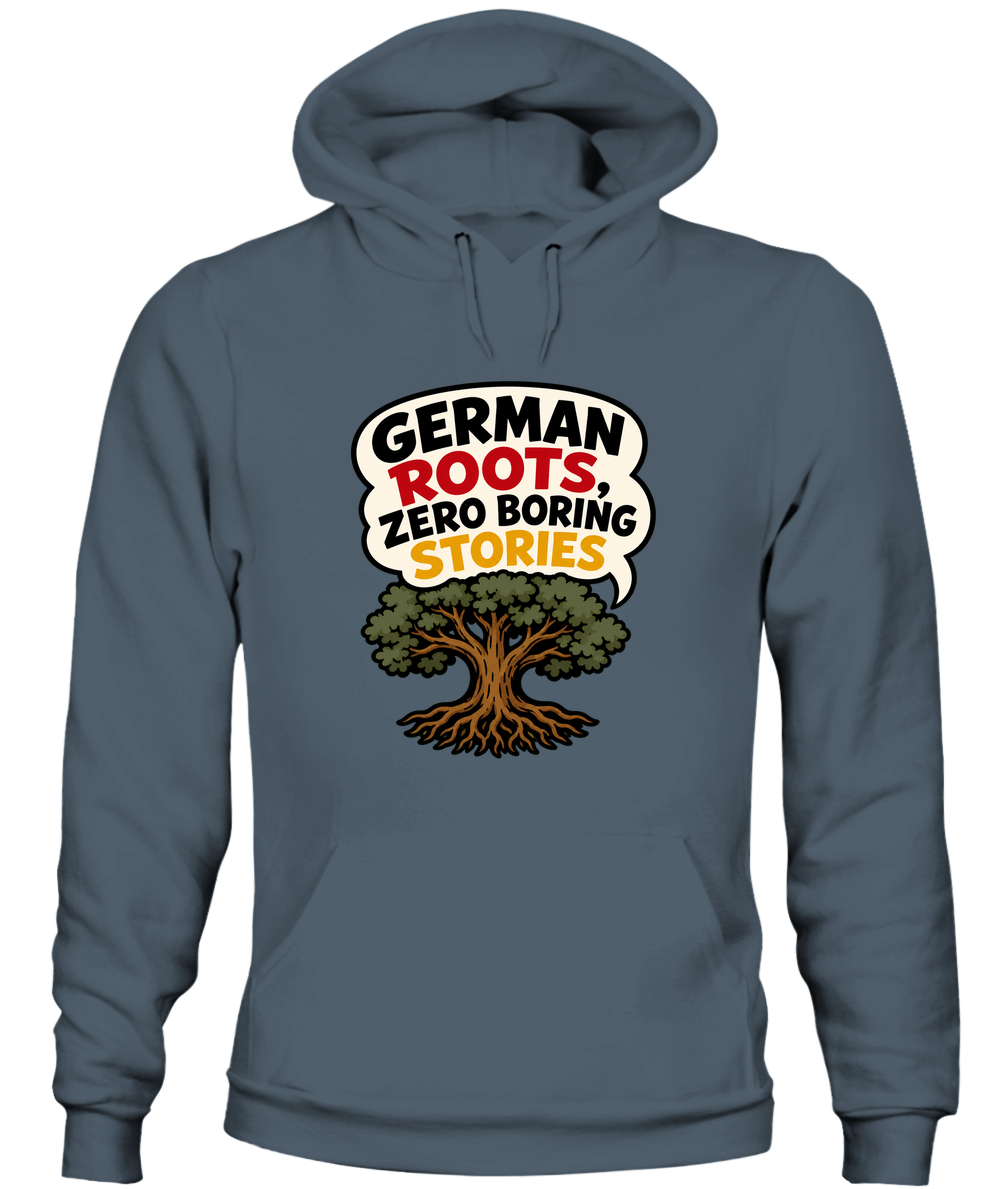 German Roots, Zero Boring Stories — Hoodie in Dark Heather