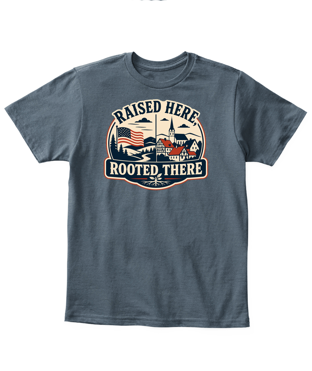 Raised Here, Rooted There — Kid's T Shirt in Dark Heather