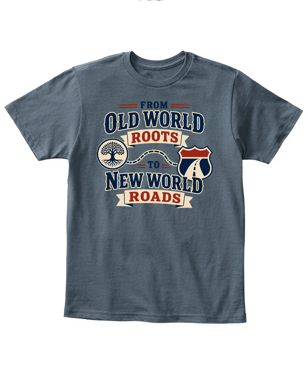 From Old World Roots To New World Roads — Kid's T Shirt in Dark Heather