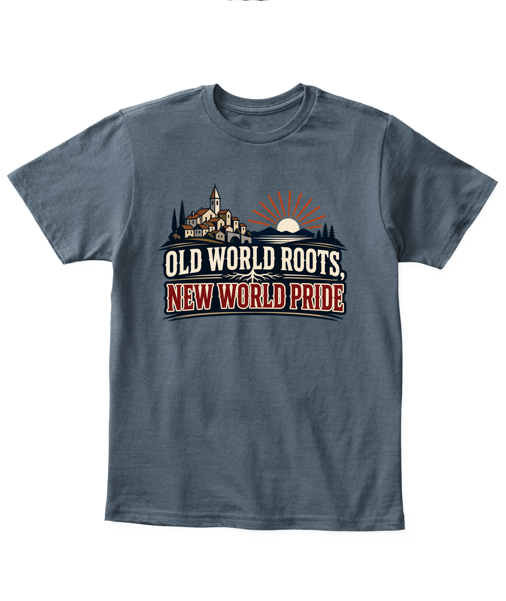 Old World Roots, New World Pride — Kid's T Shirt in Dark Heather