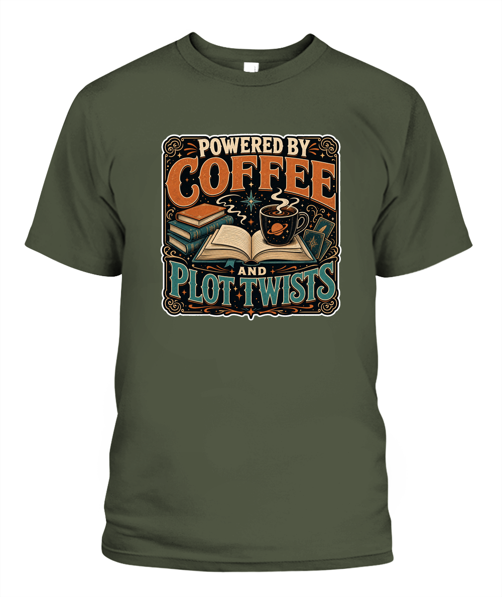 Powered by Coffee and Plot Twists Book Lover T-Shirt | Reading Gift