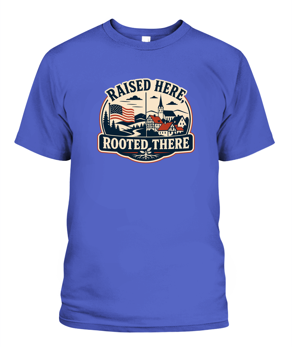 Raised Here, Rooted There — T-Shirt in Periwinkle