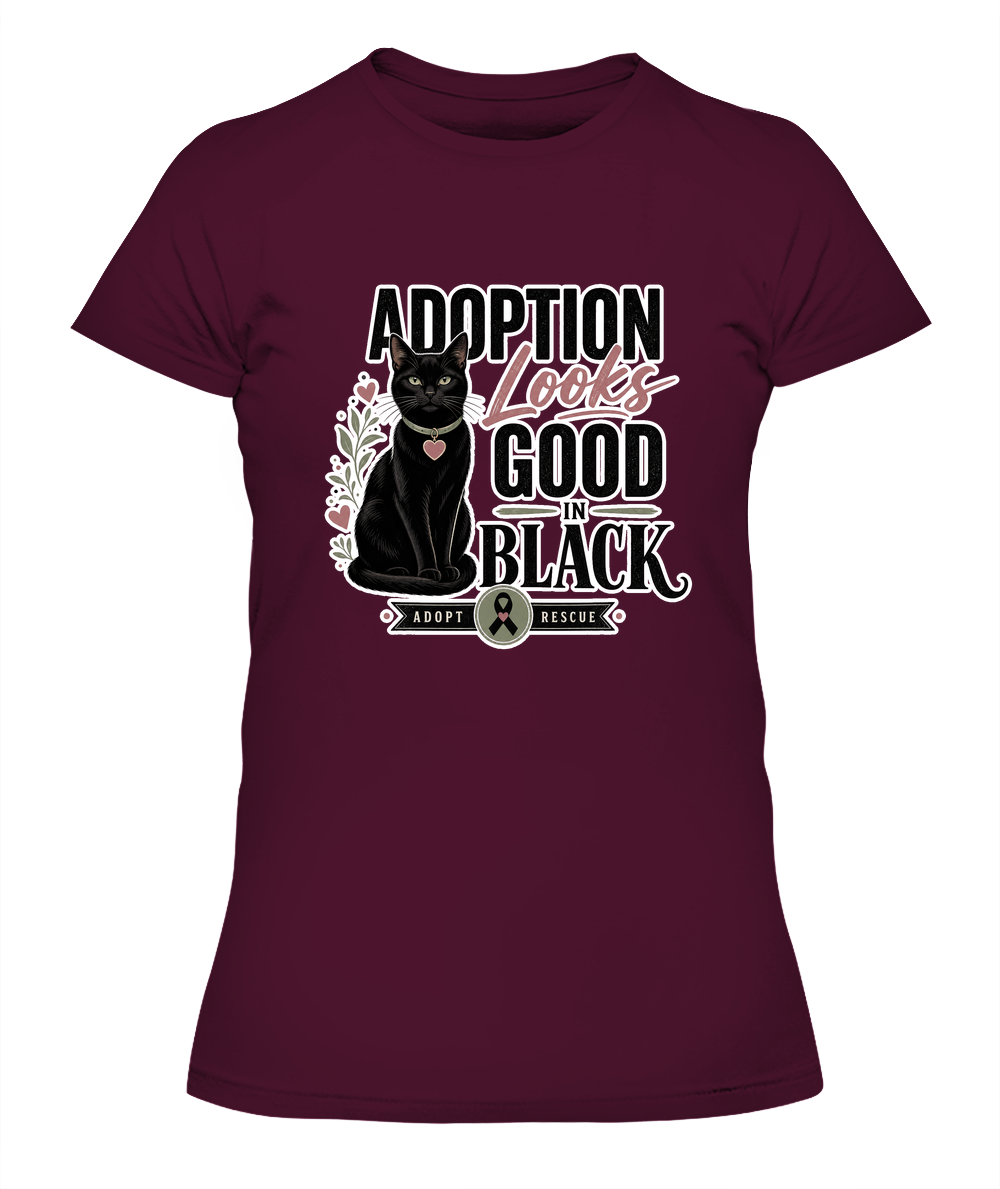 Adoption Looks Good in Black Ladies T-Shirt | Black Cat Lover Gift