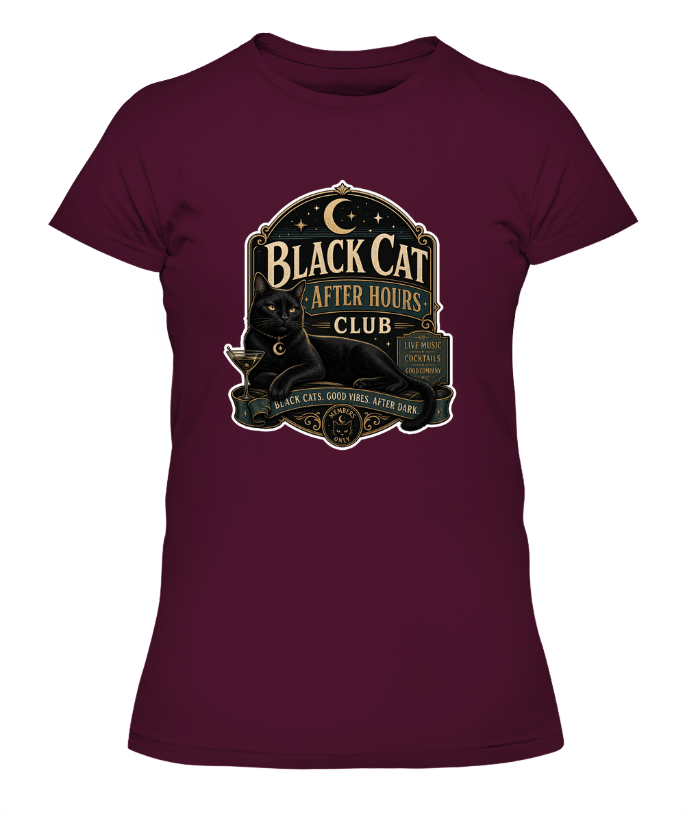 Black Cat After Hours Club Ladies T-Shirt | Black Cat Lover Gift