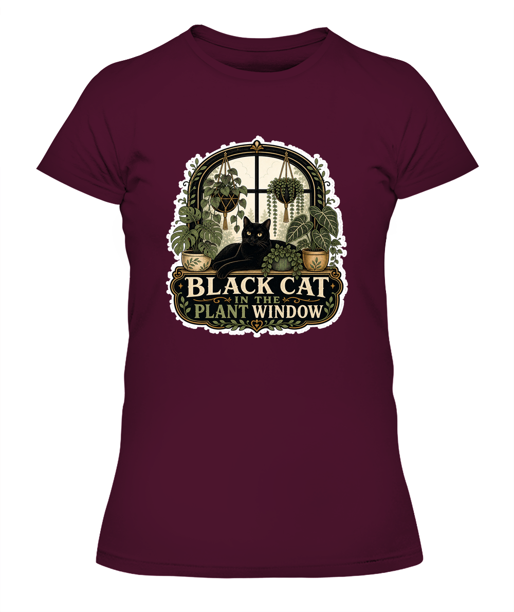 Black Cat in the Plant Window Ladies T-Shirt | Black Cat Lover Gift