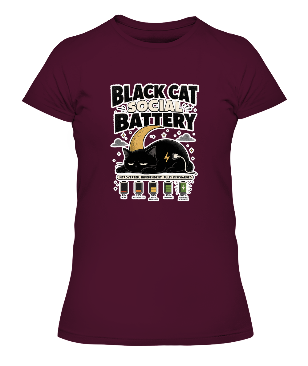 Black Cat Social Battery Ladies T-Shirt | Black Cat Lover Gift