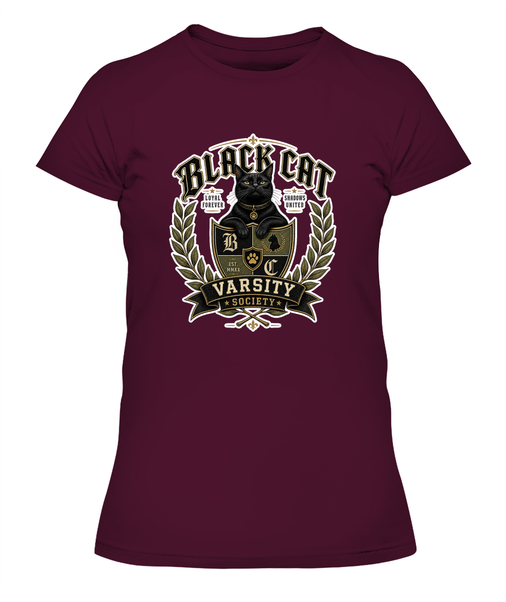 Black Cat Varsity Society Ladies T-Shirt | Black Cat Lover Gift