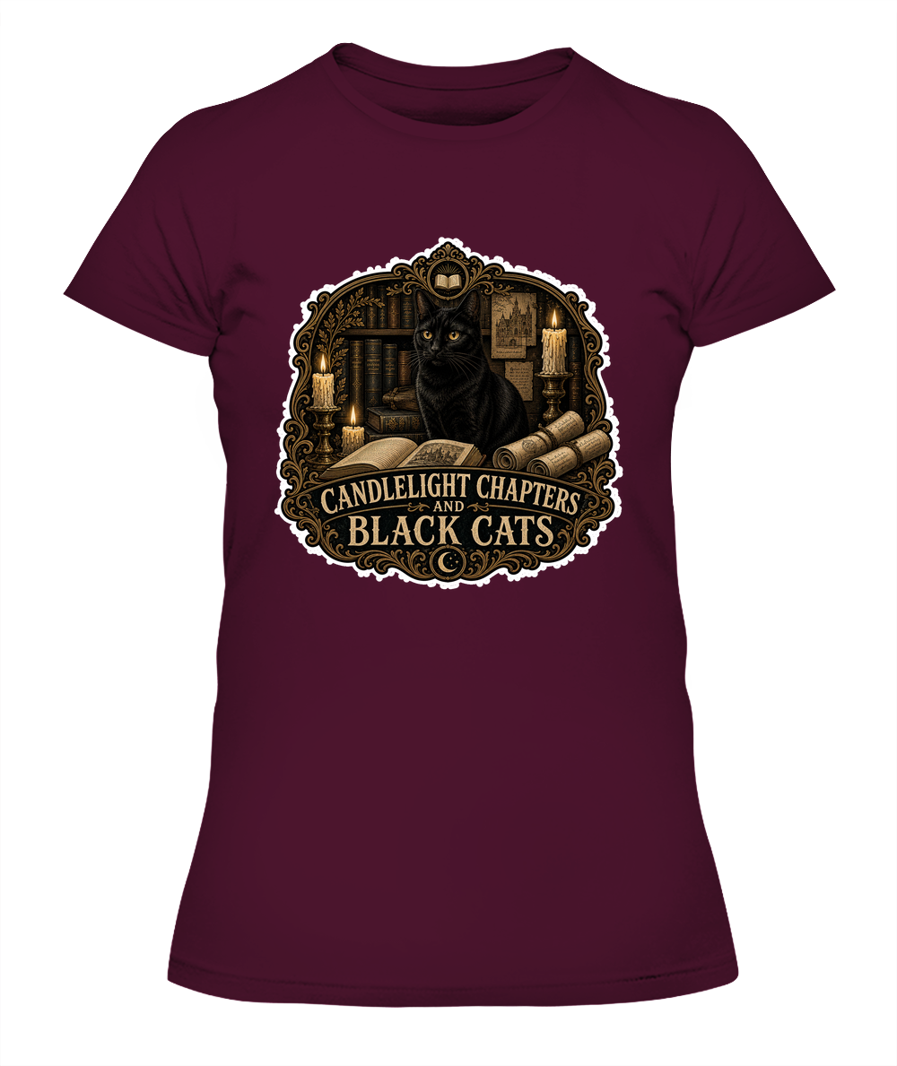 Candlelight Chapters and Black Cats Ladies T-Shirt | Black Cat Lover Gift