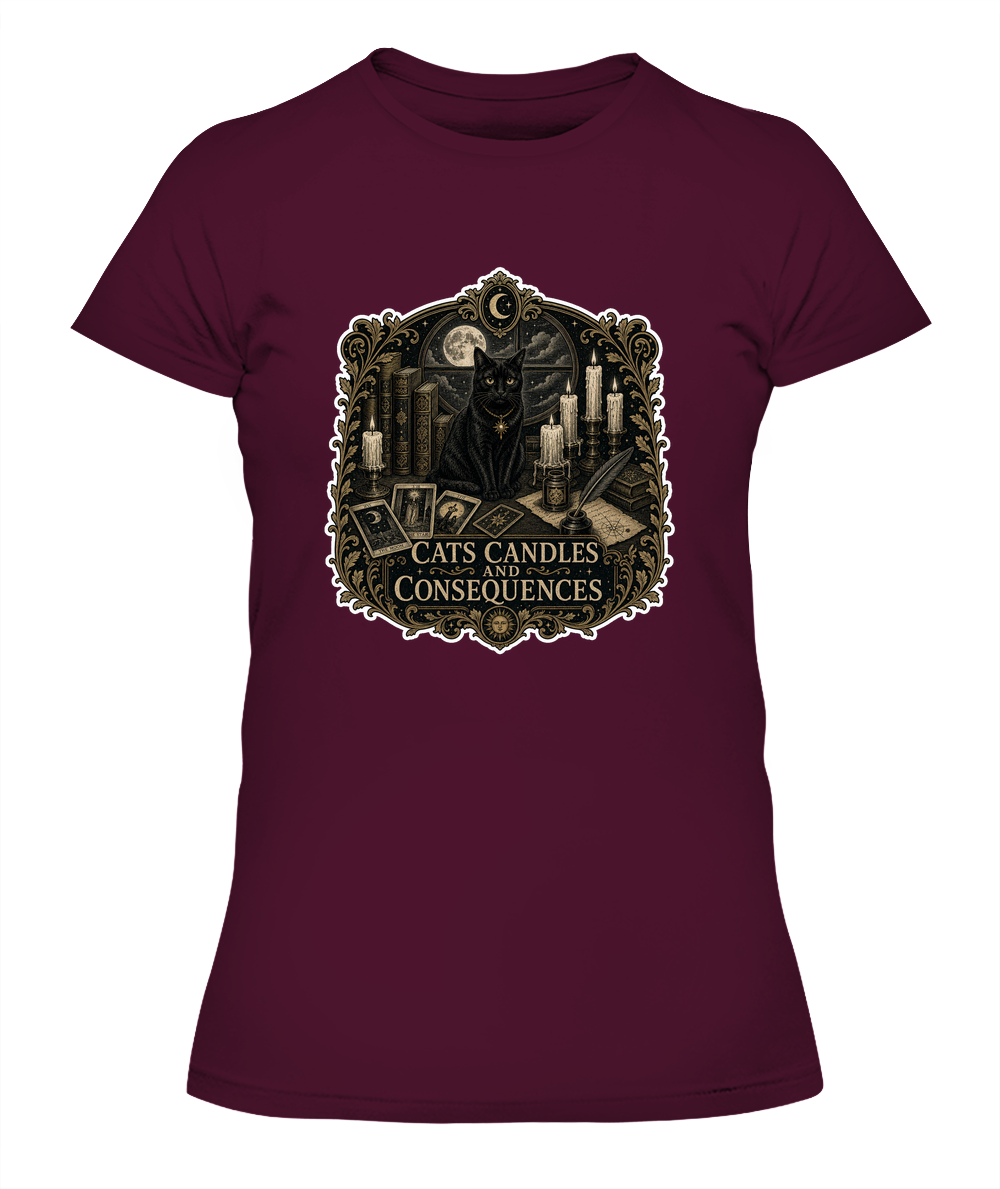 Cats Candles and Consequences Ladies T-Shirt | Black Cat Lover Gift
