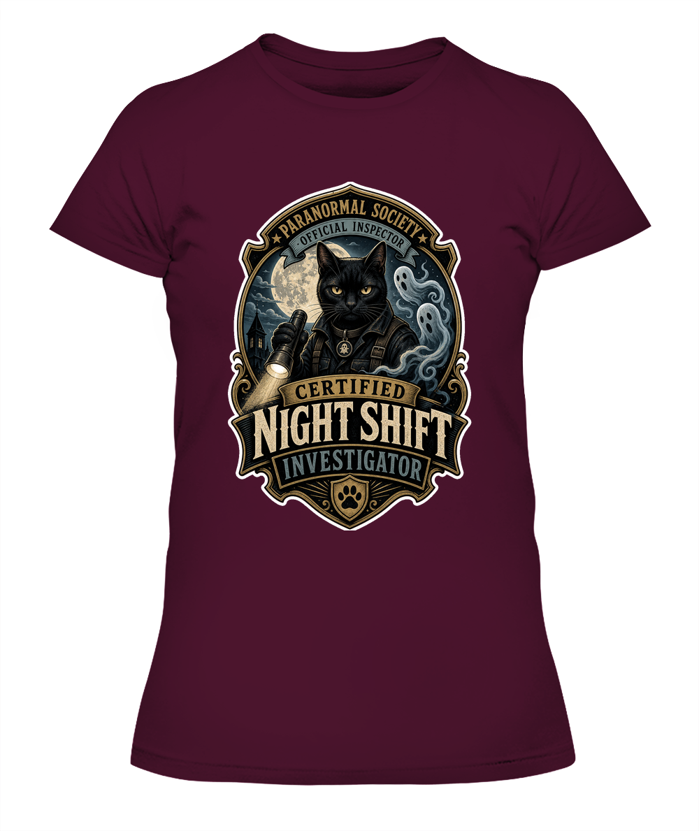 Certified Night Shift Investigator Ladies T-Shirt | Black Cat Lover Gift