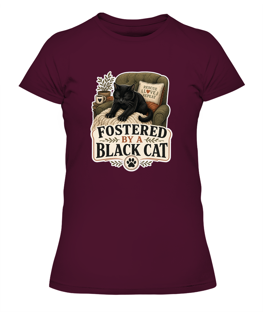 Fostered by a Black Cat Ladies T-Shirt | Black Cat Lover Gift