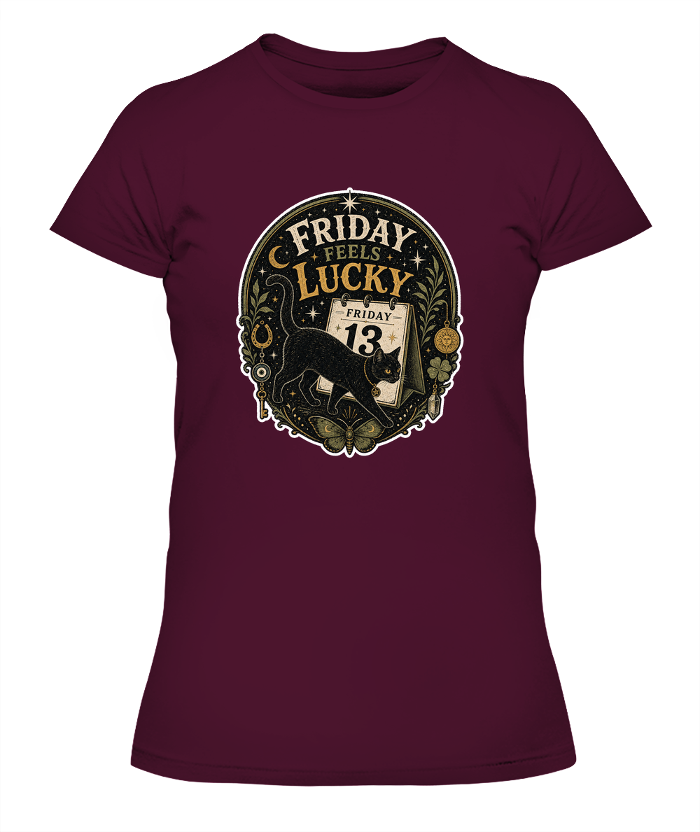 Friday Feels Lucky Ladies T-Shirt | Black Cat Lover Gift