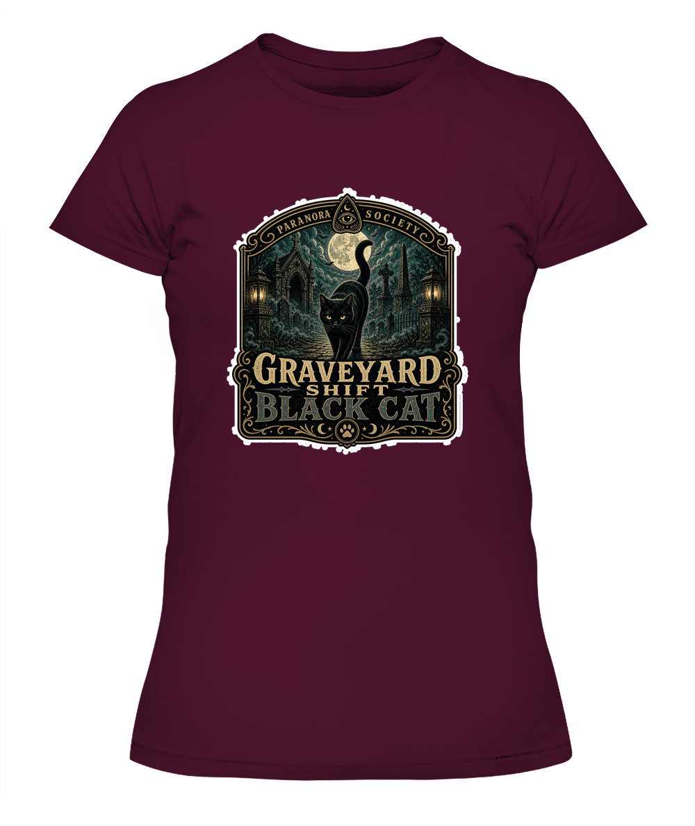 Graveyard Shift Black Cat Ladies T-Shirt | Black Cat Lover Gift
